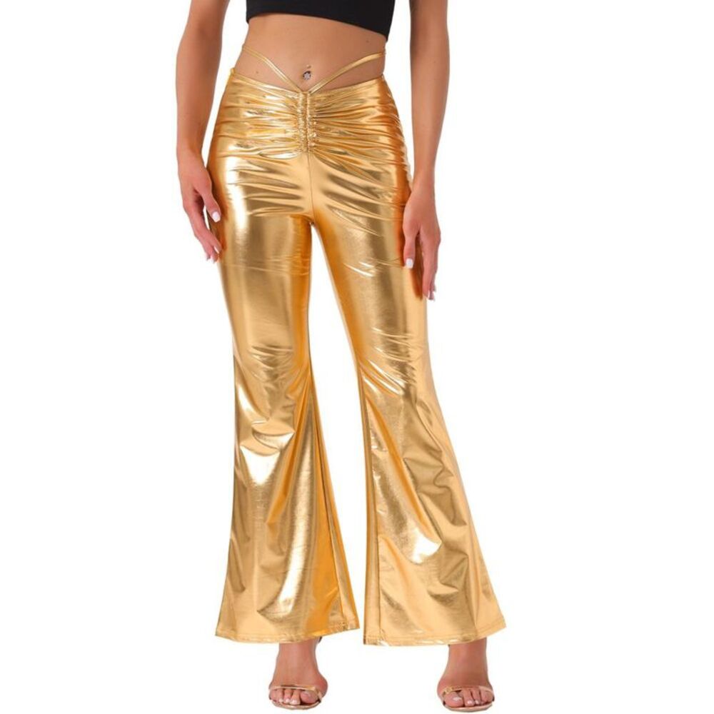 Allegra K Women's Disco Outfit Drawstring Metallic Wide Leg Pants Gold Medium